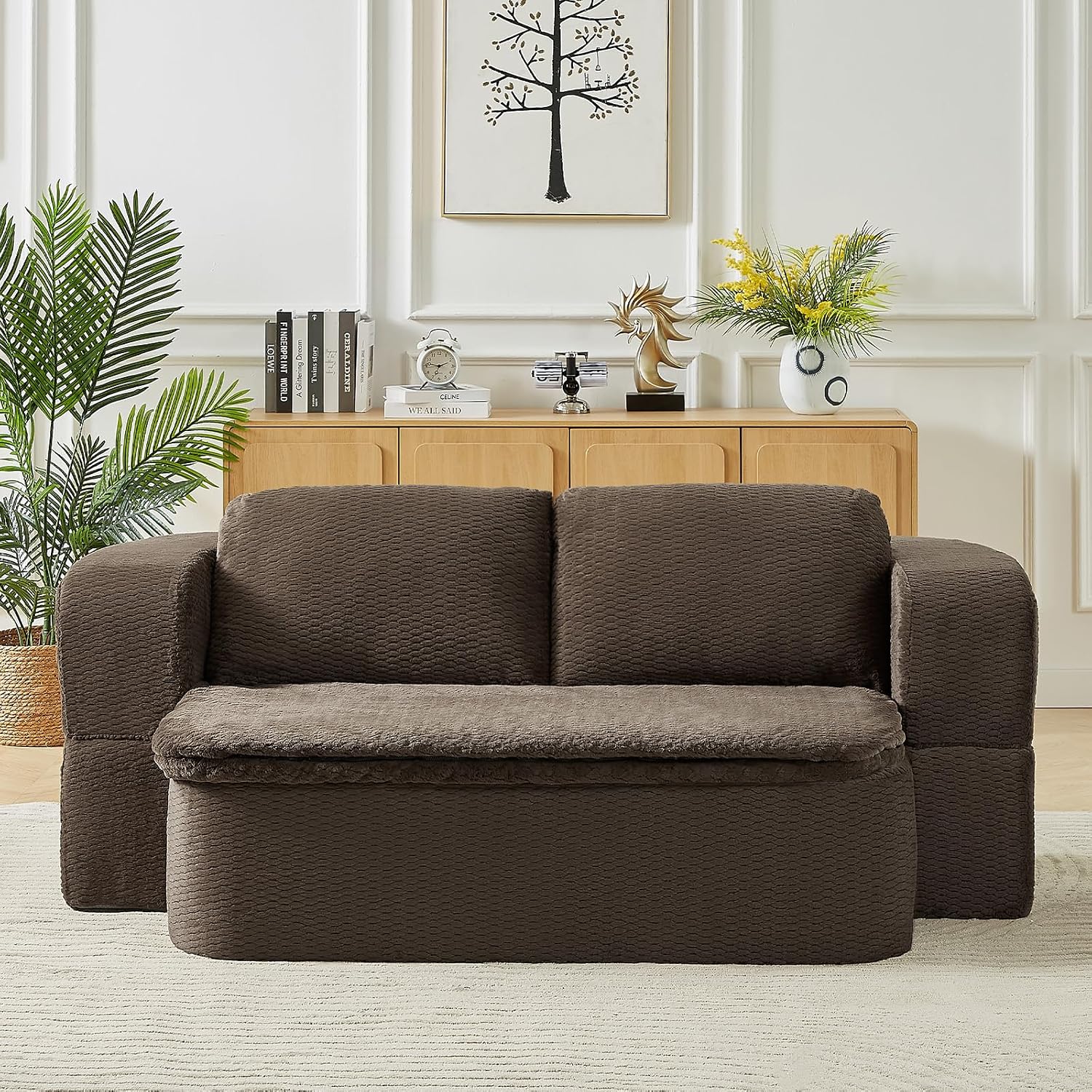 Futon Sofa Bed with Blanket, Convertible Folding Boneless Compressed Faux Fur Memory Foam Floor Loveseat Sleeper Sofa Couch Full Size Bed with Pillows for Guest Room Living Room Small Space, Brown