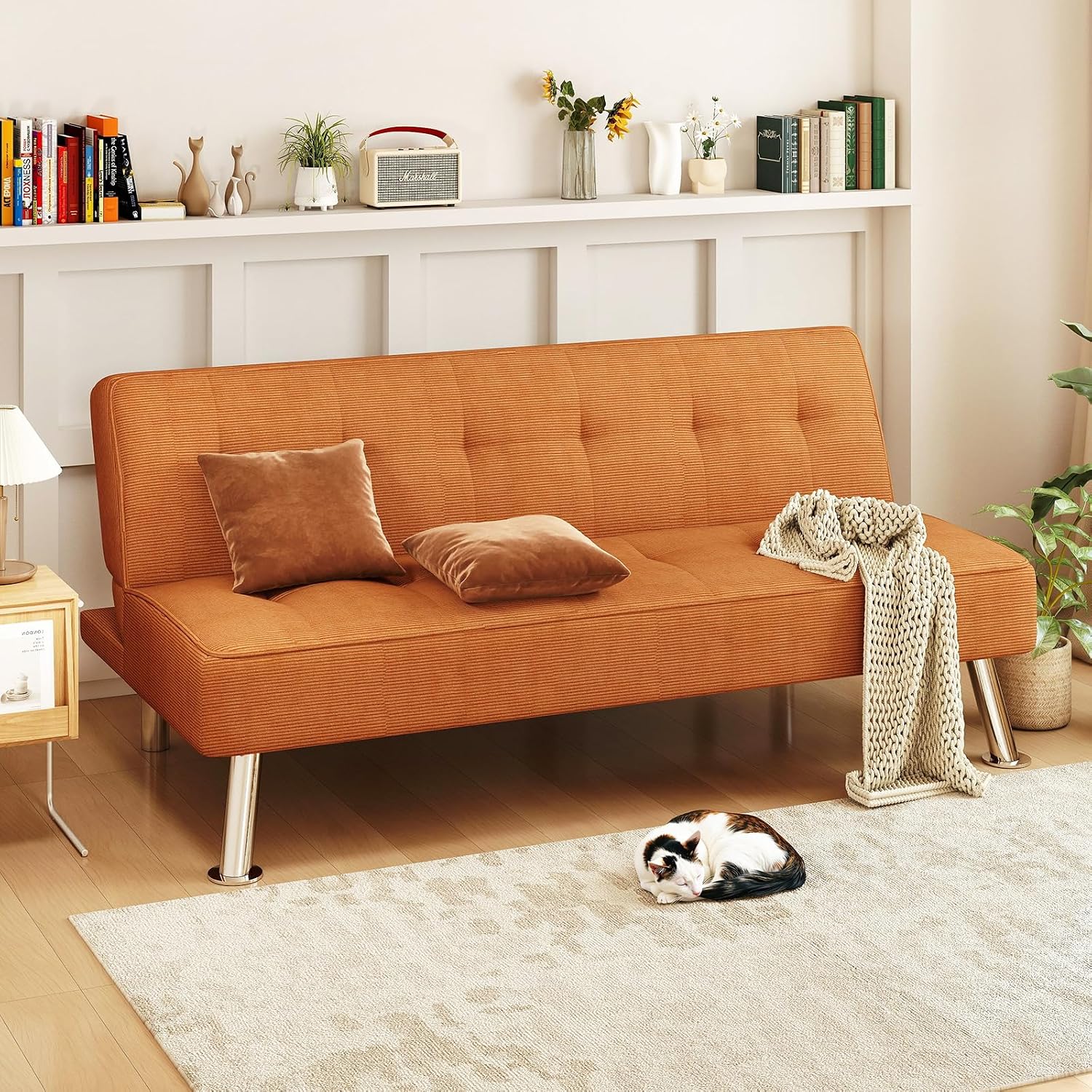 Furnimart Futon Sofa Bed, 66' Corduroy Convertible Futon Couch with 3-Position Adjustable Backrest, Solid Wood Frame Sleeper Sofa for Small Space, Living Room, Apartment, Office, Burnt Orange