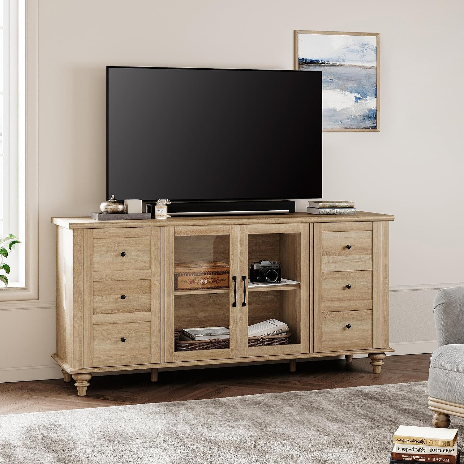 WAMPAT Farmhouse TV Stand for TVs Up to 65 inch, Wood TV Console Table with Storage Cabinets & Glass Door, Entertainment Center for 32-75 inch TV Console Cabinet, 58', Oak