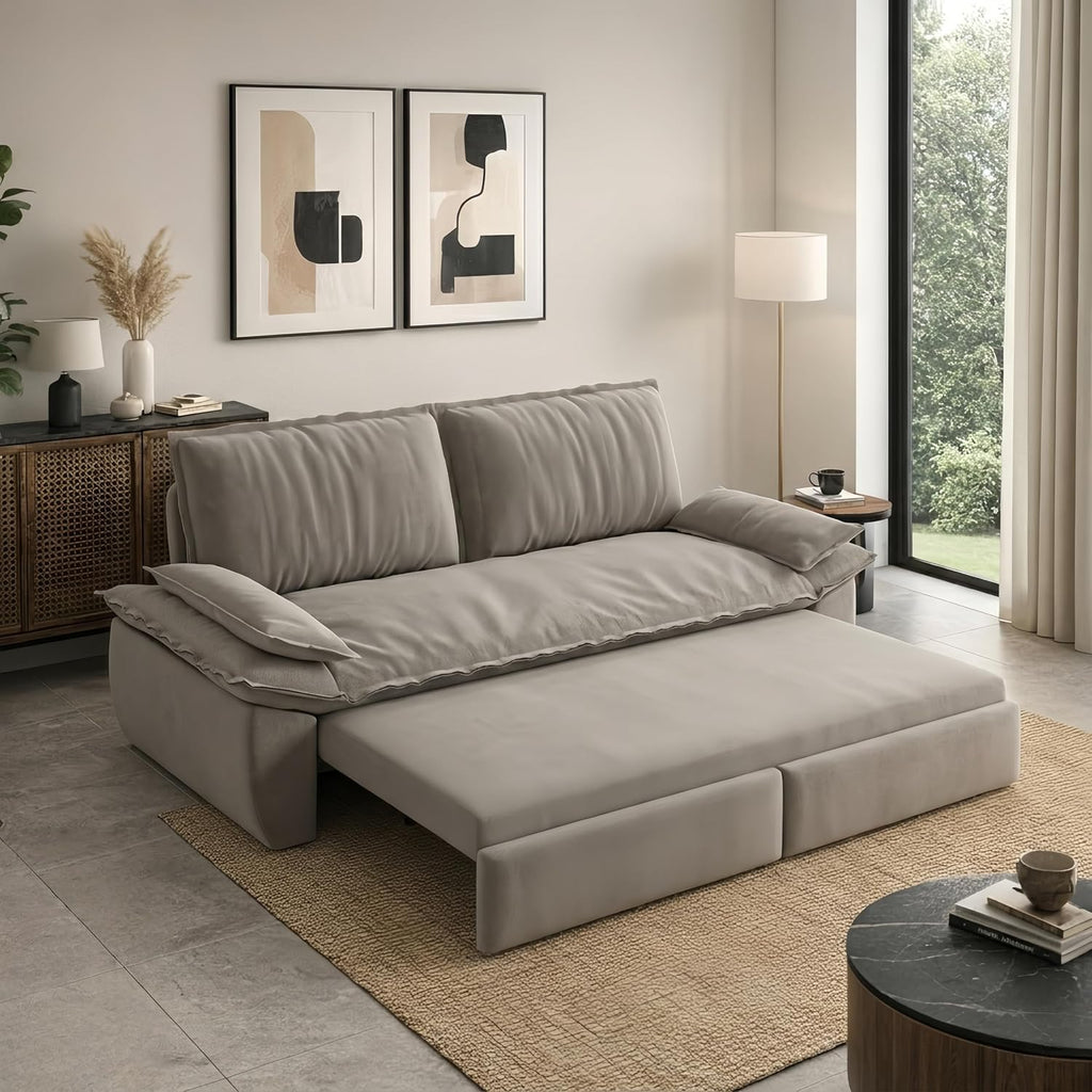73.2' Sofa Bed Queen, 3-in-1 Pull Out Sofa Bed with Pillow Armrest, Modern Velvet Convertible Sleeper Futon Sofa for Living Room Small Space, Apartment, Bedroom, Grey