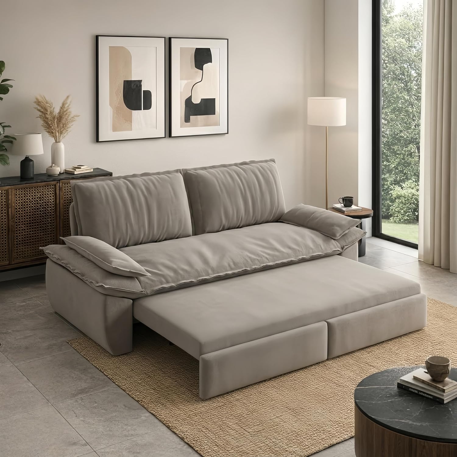 73.2' Sofa Bed Queen, 3-in-1 Pull Out Sofa Bed with Pillow Armrest, Modern Velvet Convertible Sleeper Futon Sofa for Living Room Small Space, Apartment, Bedroom, Grey