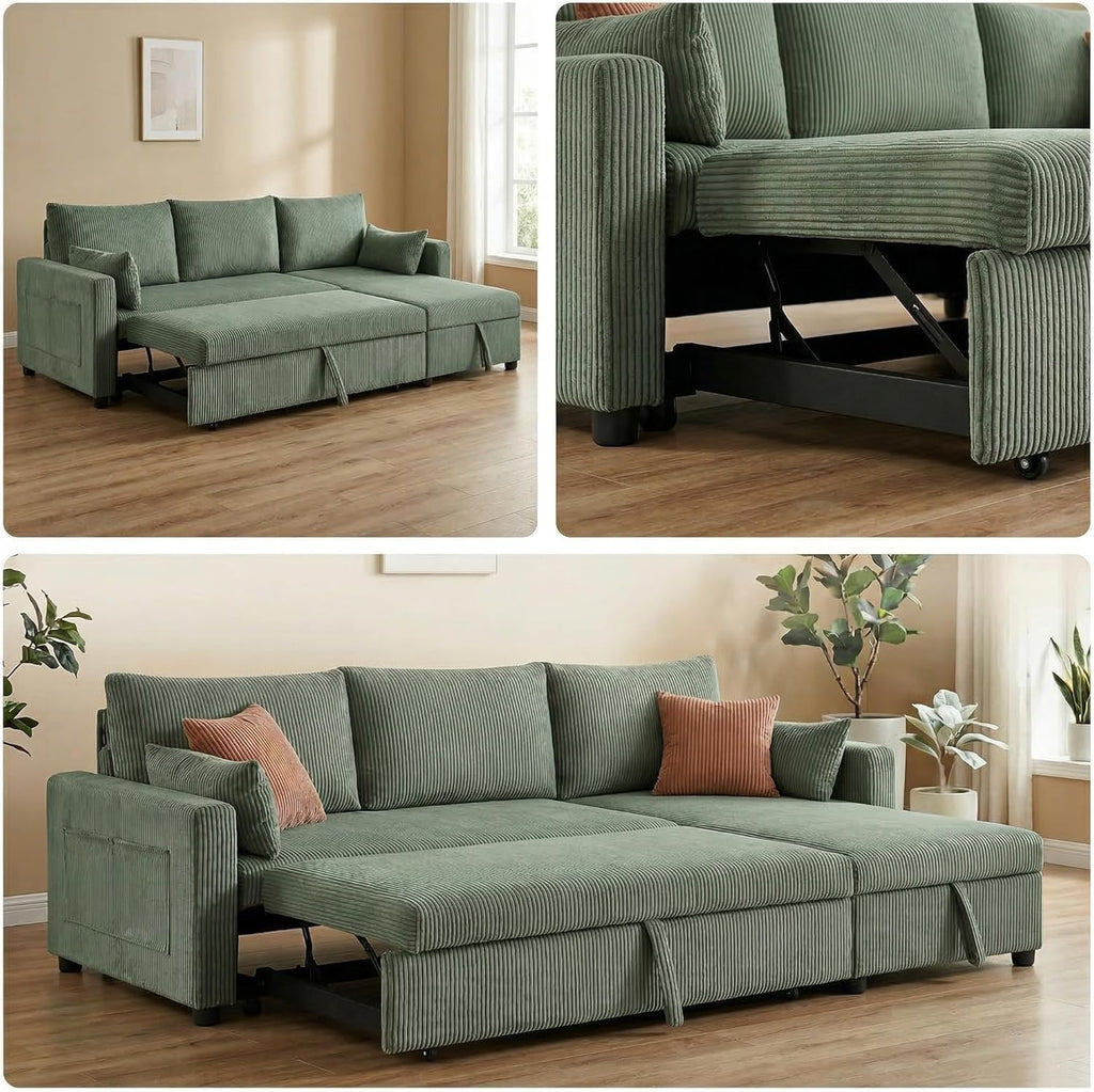 Queen Sleeper Sofa, Convertible Sofa Bed with Storage, 85 Inch Sectional Couch with Pull Out Bed, L Shaped 3 Seat Sectional Sleeper Sofa for Living Room, Apartment, Green