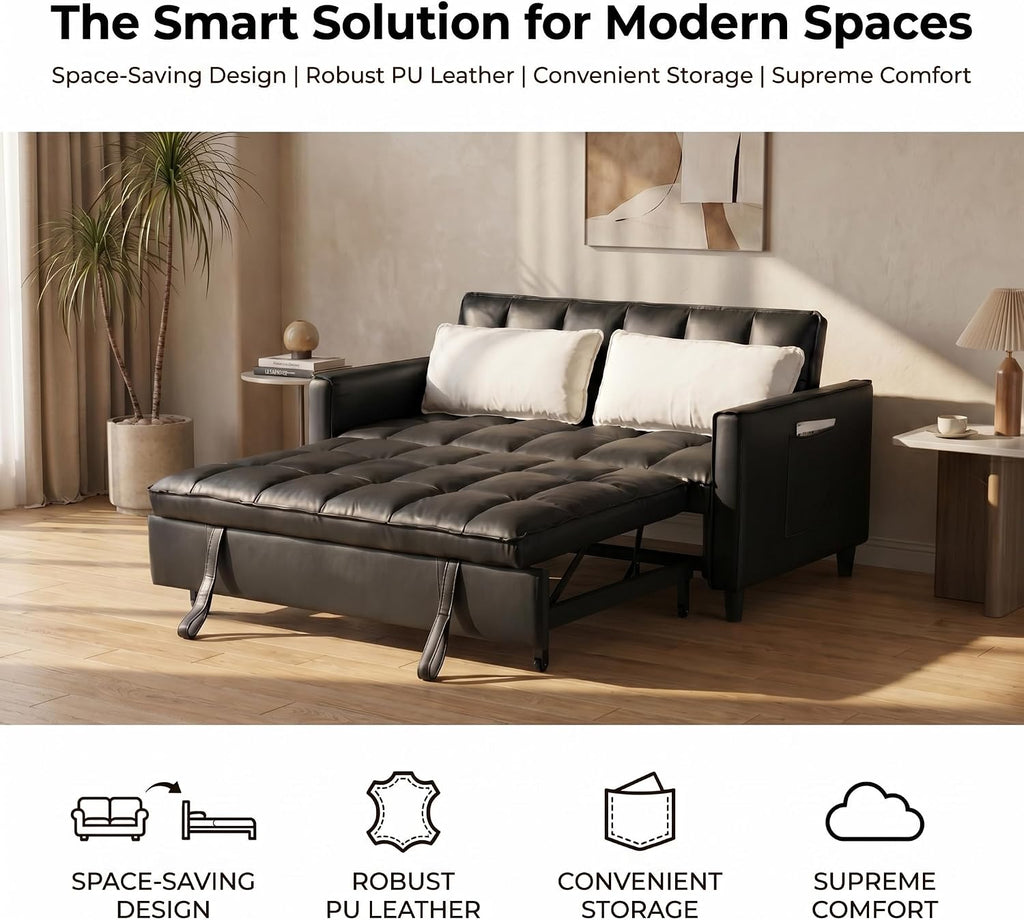 3 in 1 Convertible Sofa Bed, Loveseat Sleeper Sofa with Large Side Pockets, Pull Out Couch with Adjustable Backrest, Easy Assembly, PU Couch Bed for Small Spaces, Apartment, Black