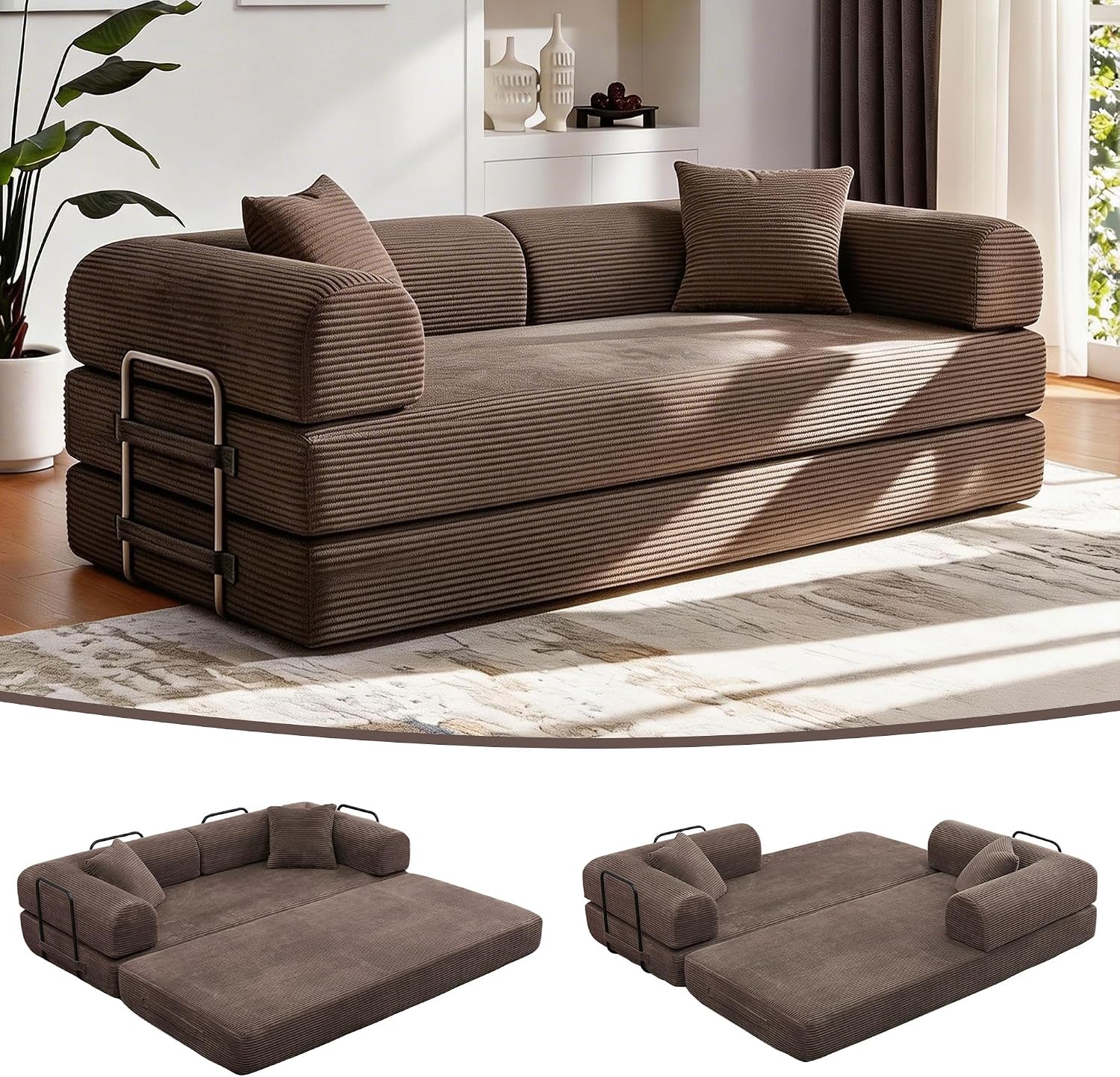 JJJ 78 inch Sofa Bed 4-in-1 Boneless Convertible Corduroy Sleeper Folding Couch with Fixed-Shape Frame and 2 Futons No Assemble Required 3 Seater Upholstered for Living Room (Brown, 78 inch)