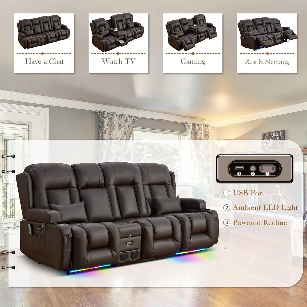 TUNYI Power Loveseat Recliner Sofa with Massage & Heat Home Theater Seating with Console RV Recliner Loveseat Sofa with USB/Storage/Side Pocket/LED Light/Speaker (Brown, 3 Seat with Console)