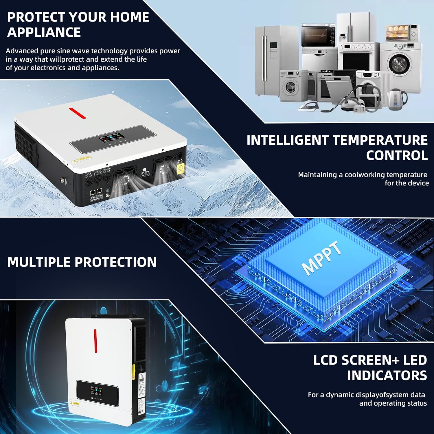 3600W Hybrid Solar Inverter 24VDC to 110V/120VAC All-in-One Pure Sine Wave Hybrid Solar Inverter with 120A MPPT Charge Controller Ideal for Home & Outdoor Use