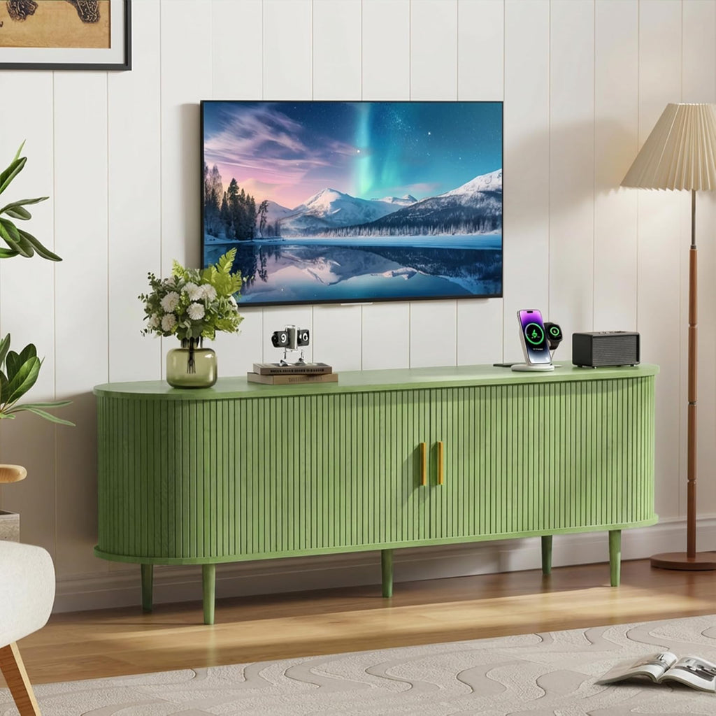 DHH 63 Inch Mid Century Modern TV Stand with Power Outlet for TVs up to 70 Inch, Entertainment Center with Storage and Adjustable Shelves, Media Console with Sliding Doors for Living Room(Green)