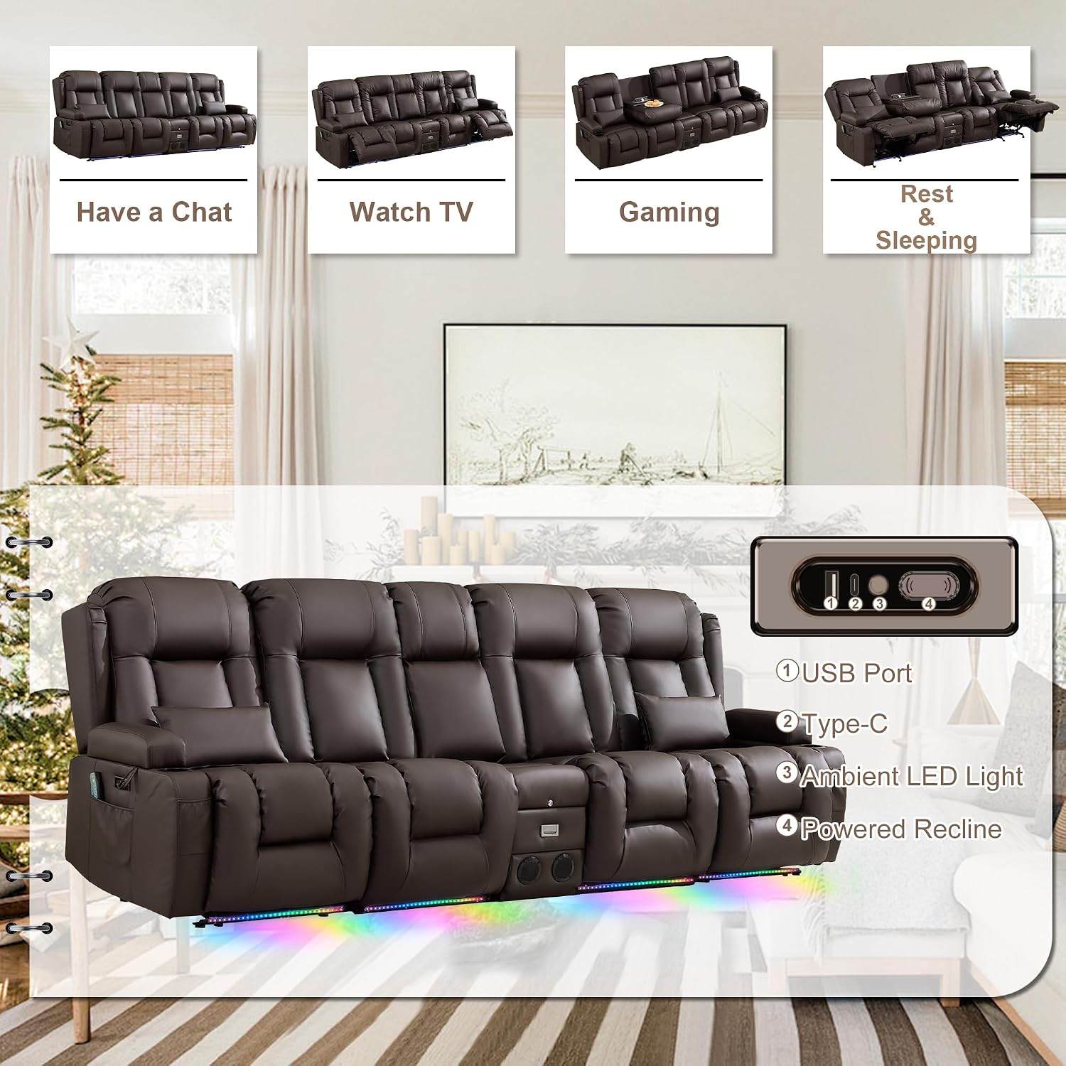 TUNYI Power Loveseat Recliner Sofa with Massage & Heat Home Theater Seating with Console RV Recliner Loveseat Sofa with USB/Storage/Side Pocket/LED Light/Speaker (Brown)