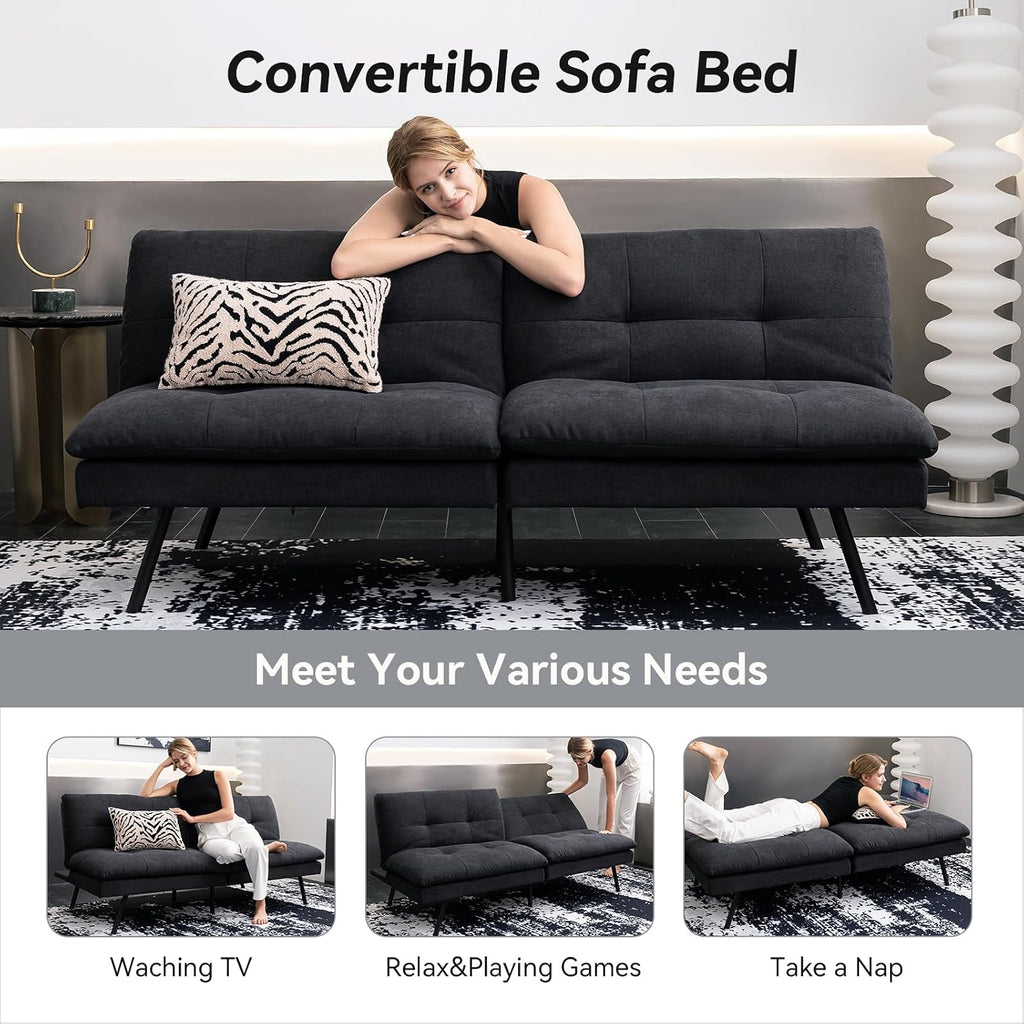 Hcore Polyester Memory Foam Convertible Futon Sofa Bed, Small Splitback Loveseat, 68' L x 32.3' W x 30.7' H, Black