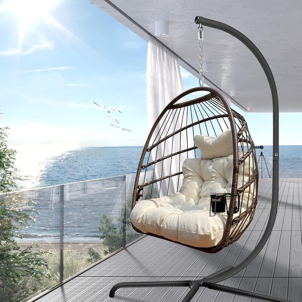 JESE Swing Egg Chair with Stand Wicker Wrap Frame UV Resistant Waterproof Cushion Hanging Chairs with Cup Holder 350lbs Capacity Swing Hammock Chairs for Patio Bedroom Indoor Outside-Khaki