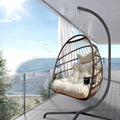 JESE Swing Egg Chair with Stand Wicker Wrap Frame UV Resistant Waterproof Cushion Hanging Chairs with Cup Holder 350lbs Capacity Swing Hammock Chairs for Patio Bedroom Indoor Outside-Khaki
