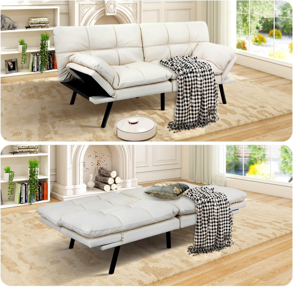 MUUEGM Futon Sofa Bed Memory Foam White Futons Modern Office Couch Sleeper Bed Convertible Love seat Sofa for Small Spaces,Apartment,Office with Adjustable Armrest Backrest