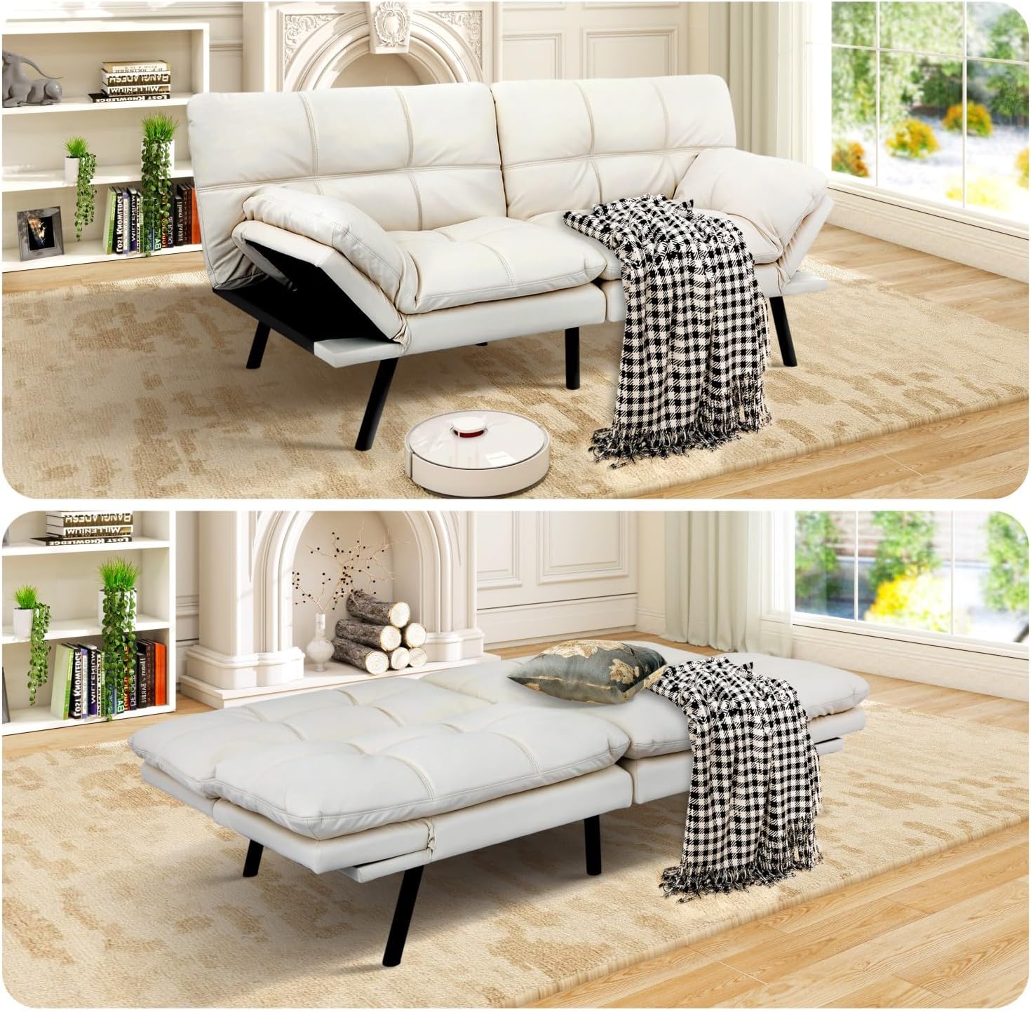 MUUEGM Futon Sofa Bed Memory Foam White Futons Modern Office Couch Sleeper Bed Convertible Love seat Sofa for Small Spaces,Apartment,Office with Adjustable Armrest Backrest