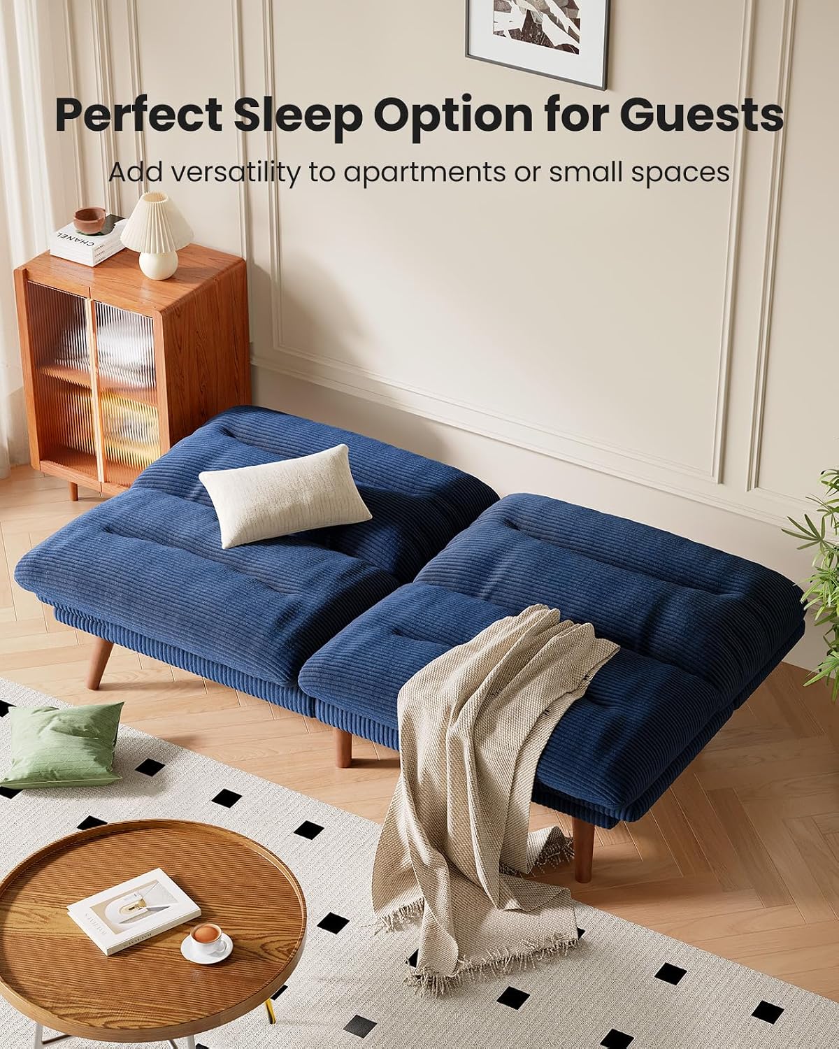 66″Futon Sofa Bed,3-in-1 Futon Couch w/Adjustable Backrest & Armrests, Convertible Sleeper Sofa Bed, Small Folding Sleeper Recliner w/Removable Cushion for Apartment, Living Room,Office (66in,Blue)
