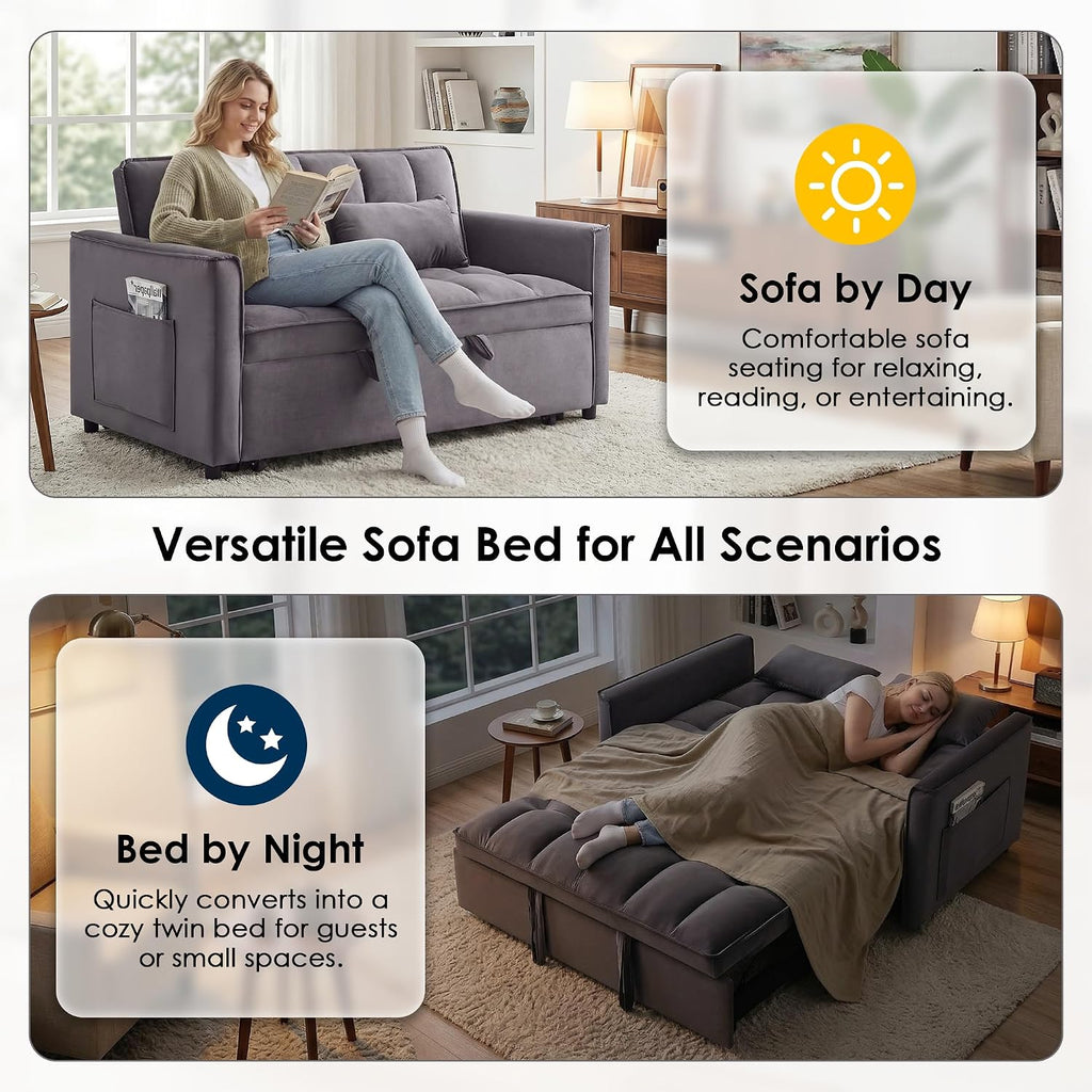 3 in 1 Convertible Sleeper Sofa Bed, 55' Pull Out Couches, Modern Loveseat Sleeper Sofa with Adjustable Reclining Backrest & Side Pockets for Living Room, Velvet Fabric, Dark Gray