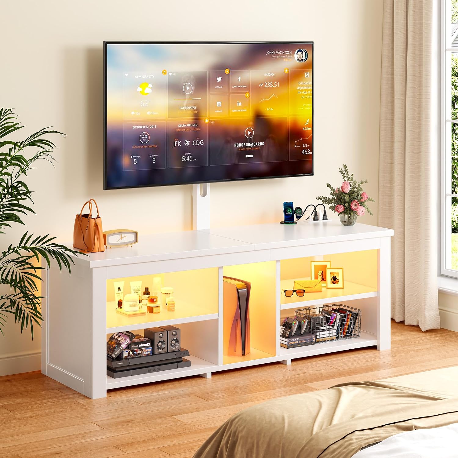 TV Stand with Mount for 55/65/70 Inch TVs Wood TV Stands for Living Room with Power Outlet & LED Lights Entertainment Center Gaming Console for Bedroom, Height Adjustable Swivel TV Mount, White
