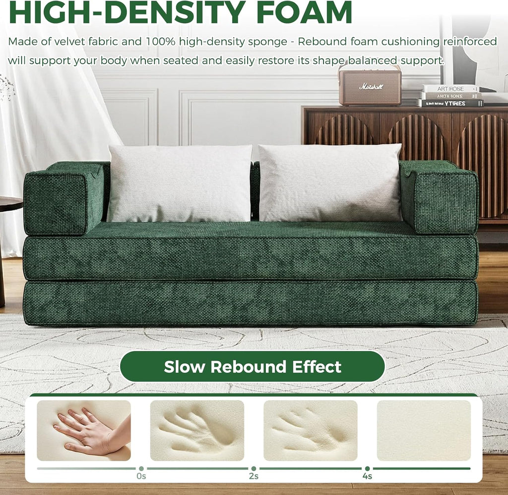 80' King Size Convertible Sofa Bed Sleeper, Foldable Futon Couch with Memory Foam & 2 Pillows, Chenille Fabric Modular Loveseat for Small Spaces, Apartment, Living Room, Studio (Green, 80in)