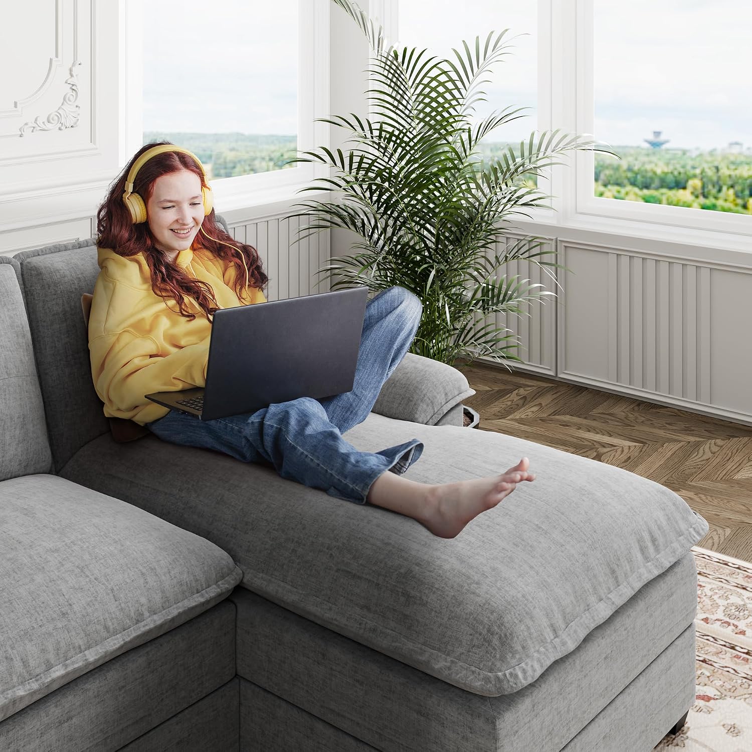 110' Sectional Couches for Living Room,U Shaped Big Sofa Couch with Double Chaise,Modern 4 Seat Modular Sofa Couches with Thick Cushion & Soft Backrest,New Grey