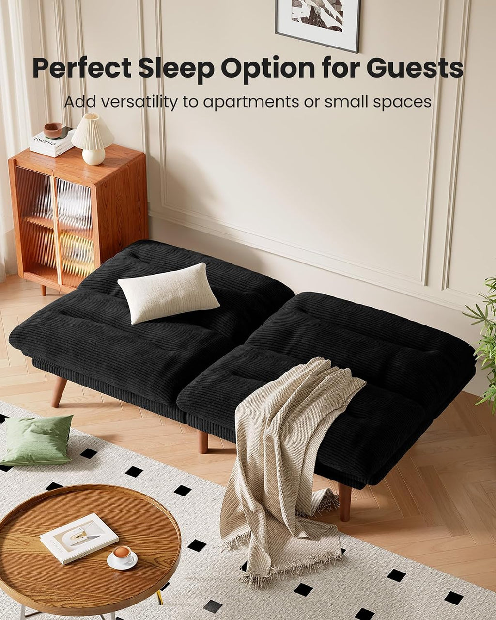 66″Futon Sofa Bed,3-in-1 Futon Couch w/Adjustable Backrest & Armrests, Convertible Sleeper Sofa Bed, Small Folding Sleeper Recliner w/Removable Cushion for Apartment, Living Room,Office (66in,Black)