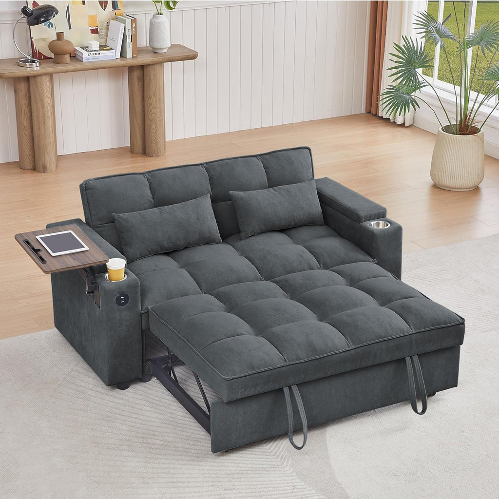 hansones 65'' 3-in-1 Folding Convertible Sofa Bed, Pullout Sofa, Modern Chenille Fabric, 360° Swivel Side Table, Easy Assembly, Perfect for Living Room, Grey
