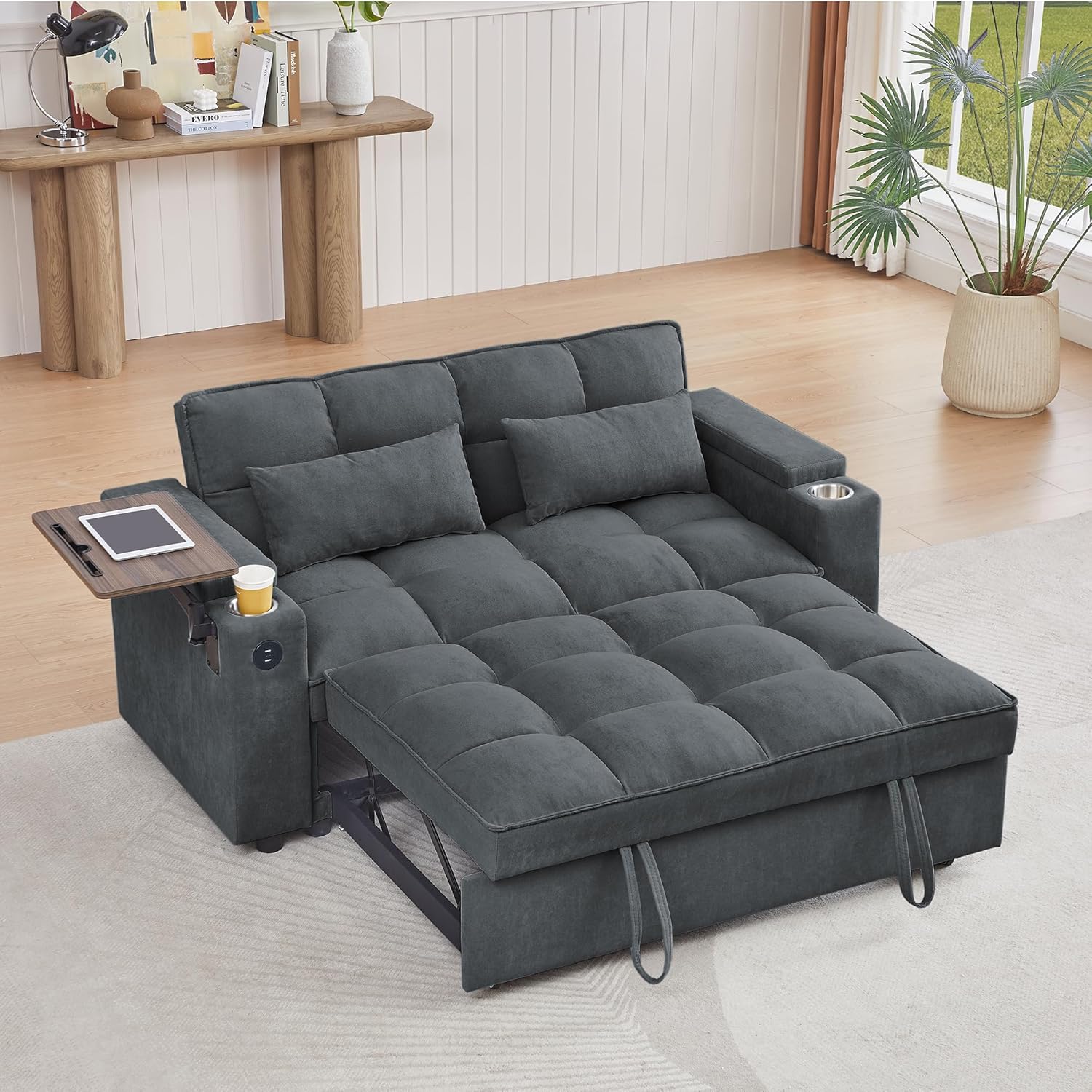 hansones 65'' 3-in-1 Folding Convertible Sofa Bed, Pullout Sofa, Modern Chenille Fabric, 360° Swivel Side Table, Easy Assembly, Perfect for Living Room, Grey