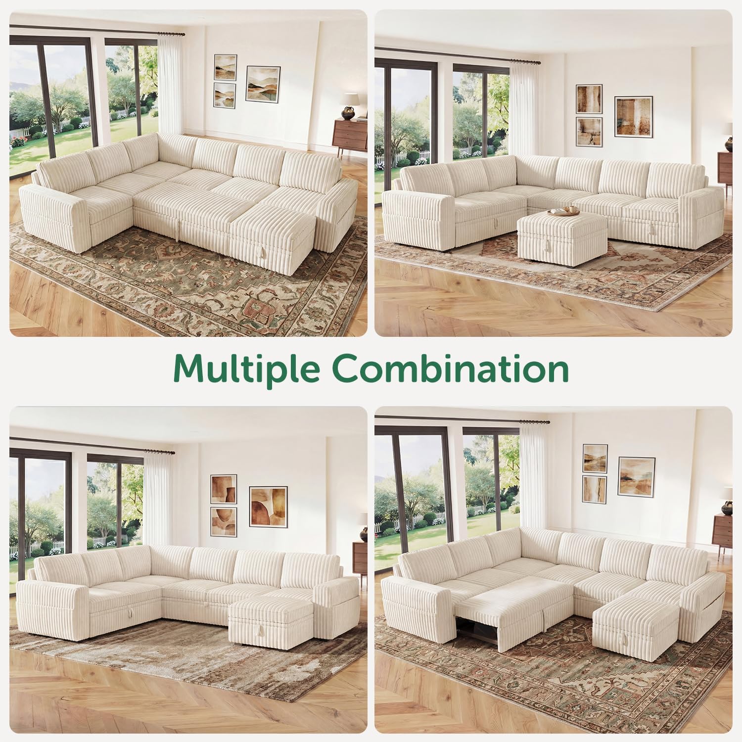 HONBAY Modular Sectional Sleeper Sofa with Pull Out Bed,Corduroy U Shaped Couch with Storage, Sectional Couches for Living Room,Beige