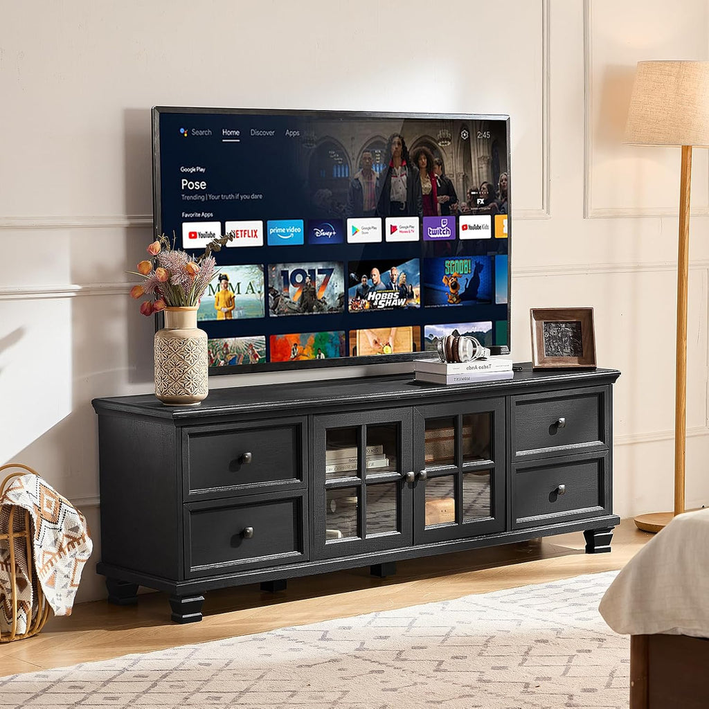 SAVOR LIFE Farmhouse TV Stand for Living Room, Rustic Black Entertainment Center with Storage Cabinet,Wood TV Console with 4 Drawers,Modern TV Stands for Bedroom,Black