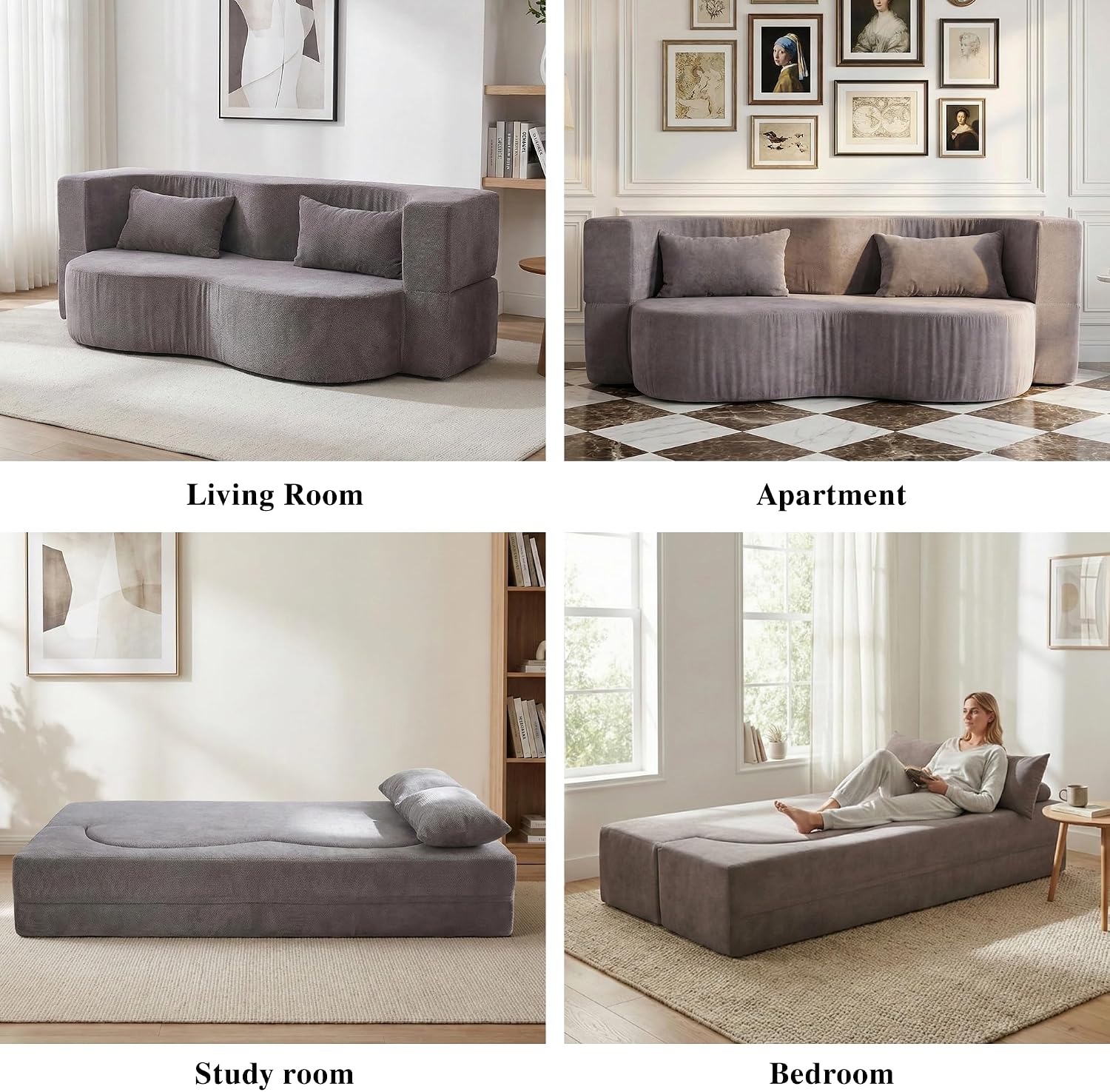 2-in-1 Convertible Sofa,78 Inch Pull Out Sofa Folding Sofa Bed with 2 Pilow Lazy Sofa, Corduroy Loveseat Sleeper Floor Sofa for Apartment Children's Room Bedroom Living Room, Grey | Pull Out Sofa Bed, Folding, 2 Pillows, Teddy Loveseat, Floor Sofa