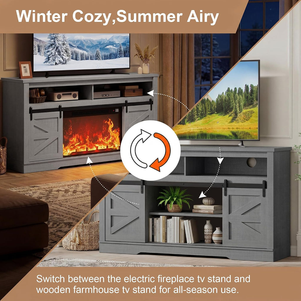 YESHOMY Fireplace TV Stand for Television up to 65+ Inch with Storage and Farmhouse Sliding Barn Doors, Entertainment Center with Cabinet and Shelves, Media Console for Living Room,Rustic Gray