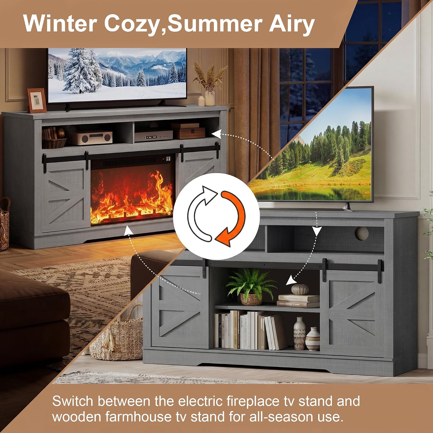 YESHOMY Fireplace TV Stand for Television up to 65+ Inch with Storage and Farmhouse Sliding Barn Doors, Entertainment Center with Cabinet and Shelves, Media Console for Living Room,Rustic Gray