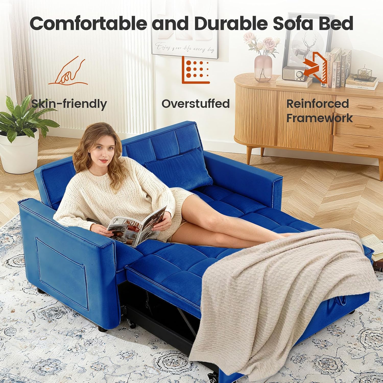 Convertible Sleeper Sofa Bed, Loveseat Sleeper Sofa with Large Side Pockets, Pull Out Sofa Bed with 3 Position Adjustable Backrest, 3 in 1 Velvet Couch Bed for Small Spaces, Apartment, Blue