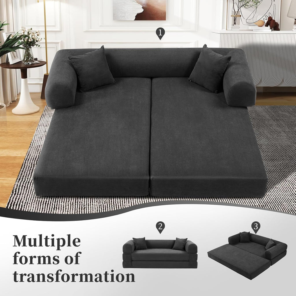 KBQ 3-Seat Convertible Sleeper Sofa Bed with 2 Pillows, Corduroy Folding Mattress Couch, Floor Sofa Lounge Couch for Living Room Bedroom Lounge Studio, Deep Gray