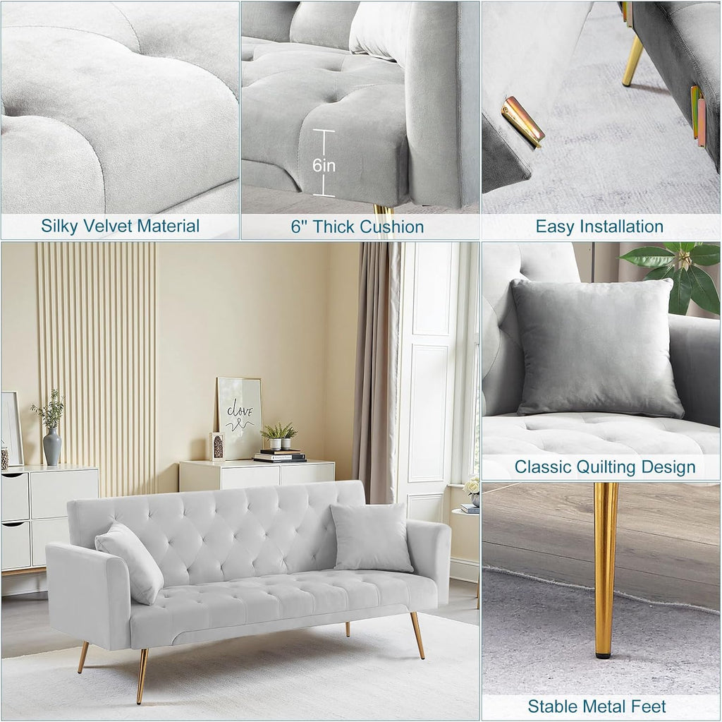 71.65'' Convertible Sofa Bed Modern Futon Set, Velvet Foldable Reclining Loveseat, Three Adjustment Angles,Mid Century Modern Couches for Living Room/Bedroom/Apartment, Easy Assembly,Grey