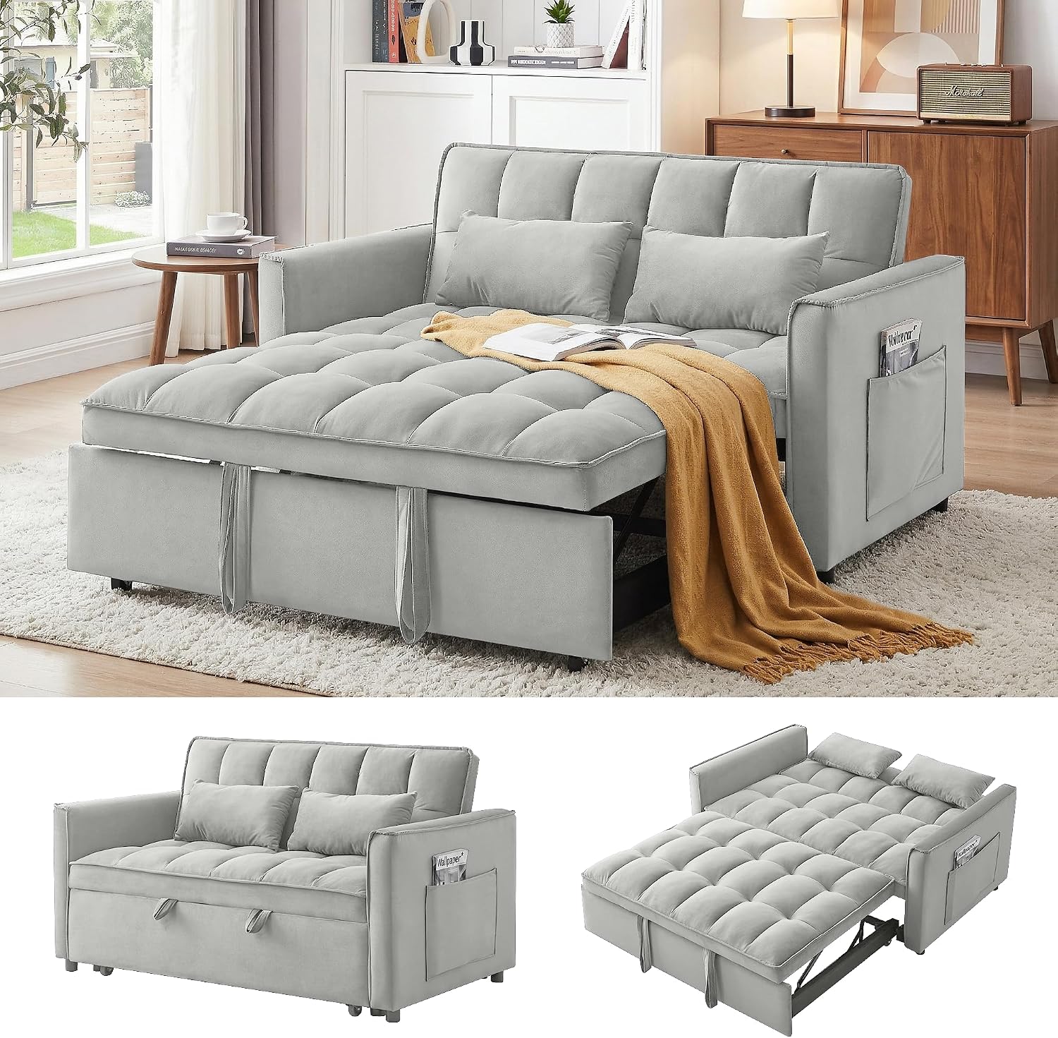 3 in 1 Convertible Sleeper Sofa Bed, 55' Pull Out Couches, Modern Loveseat Sleeper Sofa with Adjustable Reclining Backrest & Side Pockets for Living Room, Velvet Fabric, Grey