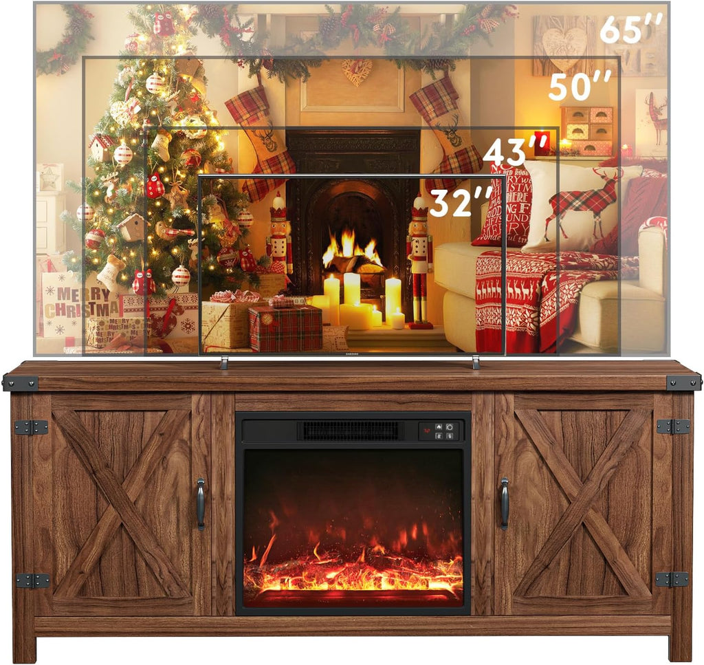 YESHOMY Fireplace TV Stand with Two Barn Doors and Storage Cabinets for Televisions up to 65+ Inch, Entertainment Center Console Table, Media Furniture for Living Room, 58 Inch, Brown