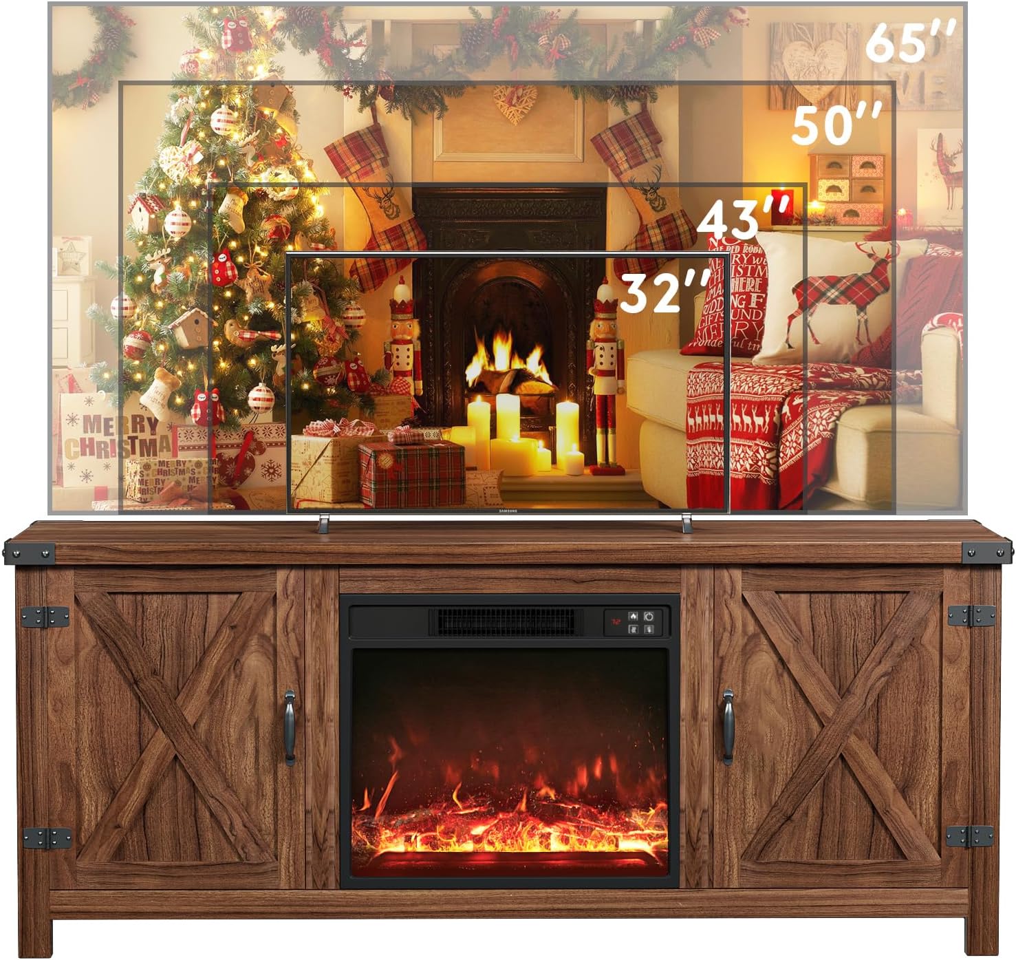 YESHOMY Fireplace TV Stand with Two Barn Doors and Storage Cabinets for Televisions up to 65+ Inch, Entertainment Center Console Table, Media Furniture for Living Room, 58 Inch, Brown