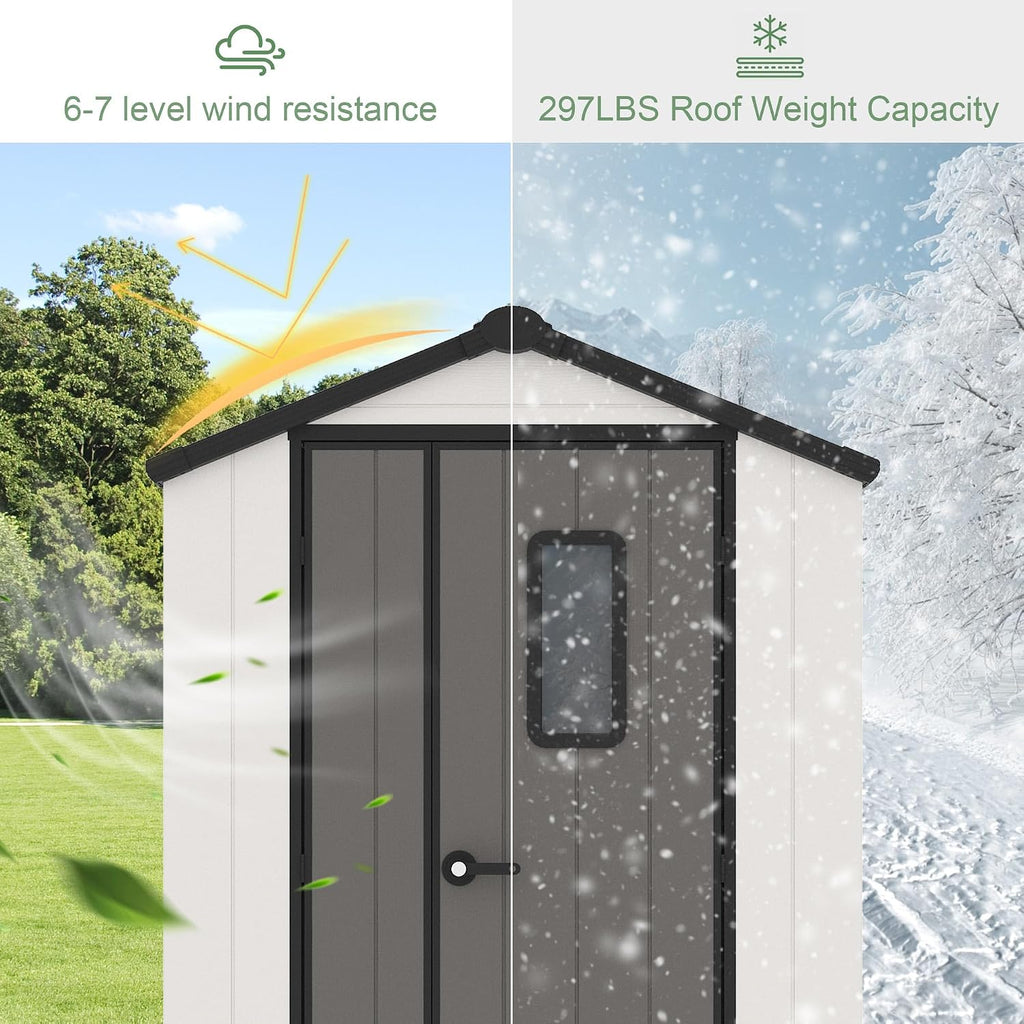5' x 3' Outdoor Resin Storage Shed with Floor,Galvanized Metal Waterproof Garden Shed with Lockable Door, Plastic Tool, Bike Storage for Patio Furniture, Lawn Mower