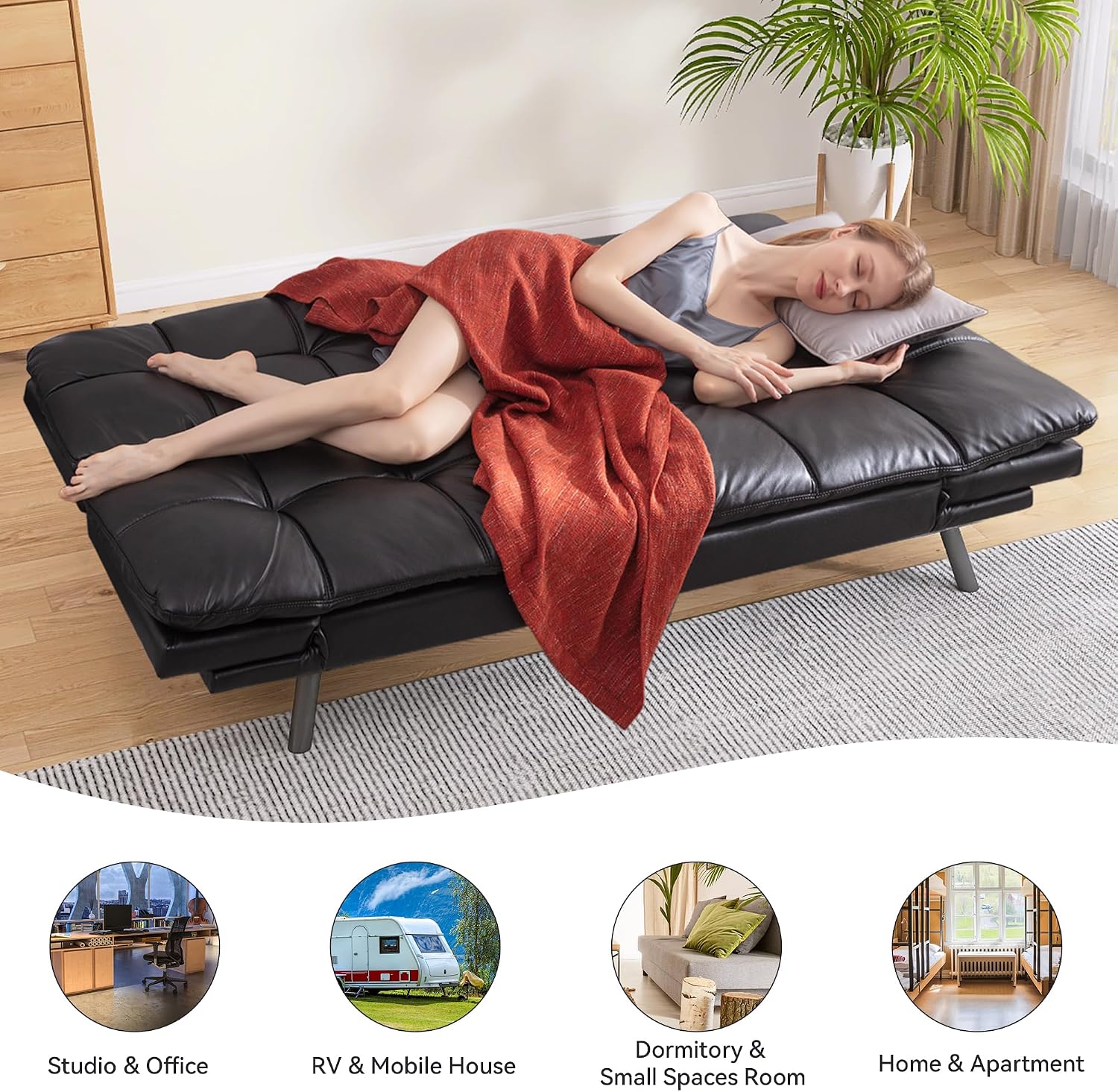 Convertible Faux Leather Futon Sofa Bed,Memory Foam Futon Couch,Small Splitback Modern Folding Loveseat Sleeper Sofa Couches for Living Room,Office,Apartment,Classic Black