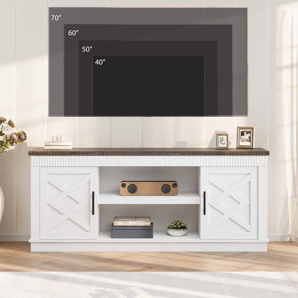 GarveeHome Farmhouse TV Stand for 70/75 in TVs, 65 in Long Entertainment Center w/ 2 Door &Open Storage Shelf, Rustic Fluted Television Consoles Stands for Living Room, Bedroom