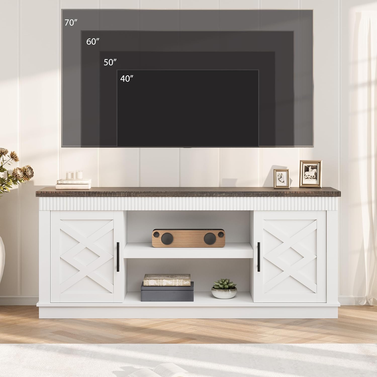 GarveeHome Farmhouse TV Stand for 70/75 in TVs, 65 in Long Entertainment Center w/ 2 Door &Open Storage Shelf, Rustic Fluted Television Consoles Stands for Living Room, Bedroom