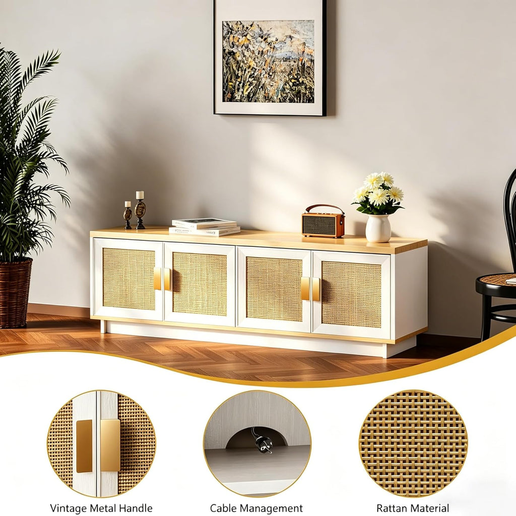 PROXRACER Rattan TV Stand for 65 Inch TV, Boho Media Console with 4 Woven Cane Doors, Modern Farmhouse Entertainment Center, Low Profile TV Cabinet with Storage for Living Room, White & Light Wood