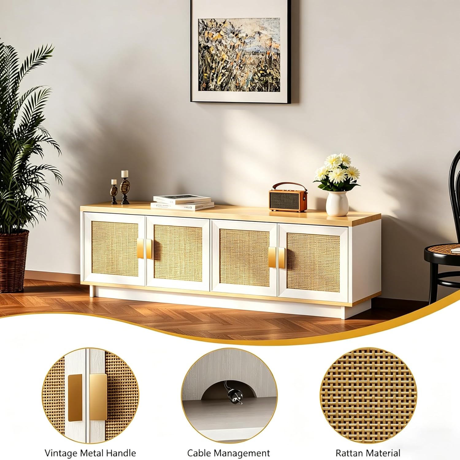 PROXRACER Rattan TV Stand for 65 Inch TV, Boho Media Console with 4 Woven Cane Doors, Modern Farmhouse Entertainment Center, Low Profile TV Cabinet with Storage for Living Room, White & Light Wood
