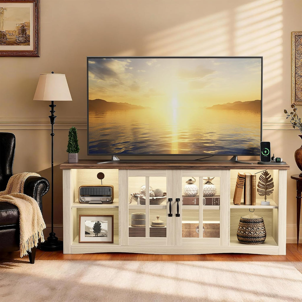 YESHOMY Farmhouse LED TV Stand with Power Outlet, for Televisions up to 65 Inches, Wood Entertainment Center with Glass Door Storage Cabinet, TV Console for Living Room, Oak