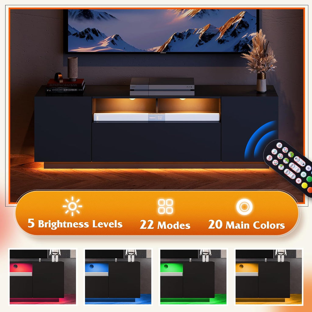WLIVE Modern TV Stand for 65 Inch TV, Entertainment Center with LED Lights & Large Storage Cabinets, Sturdy Media Console for Living Room, Bedroom, Gaming(Black)