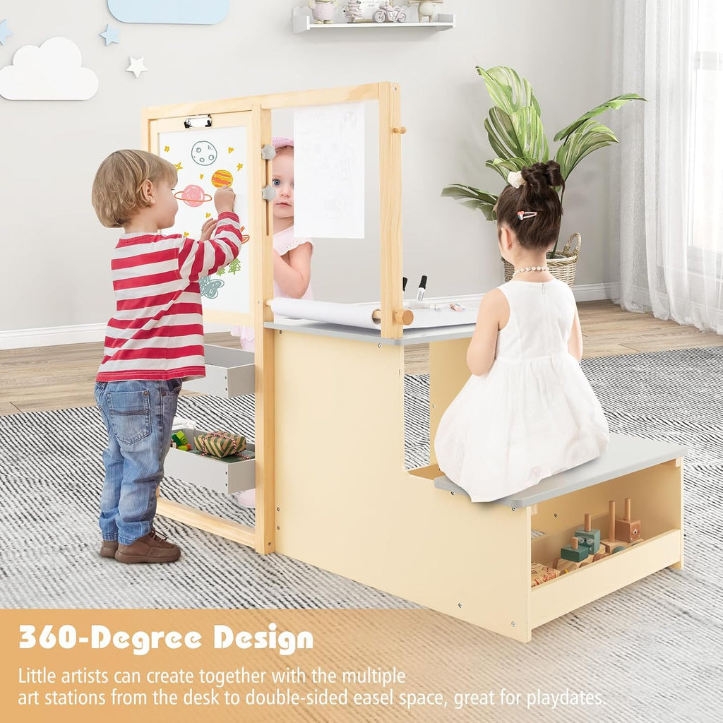 HONEY JOY Kids Art Easel, 6-in-1 Wooden Double-Sided Toddler Table & Chair Set w/Adjustable Magnetic White Board & Chalkboard, Paper Roll, Bookshelf, Storage, Kids Art Table and Chair (Gray)