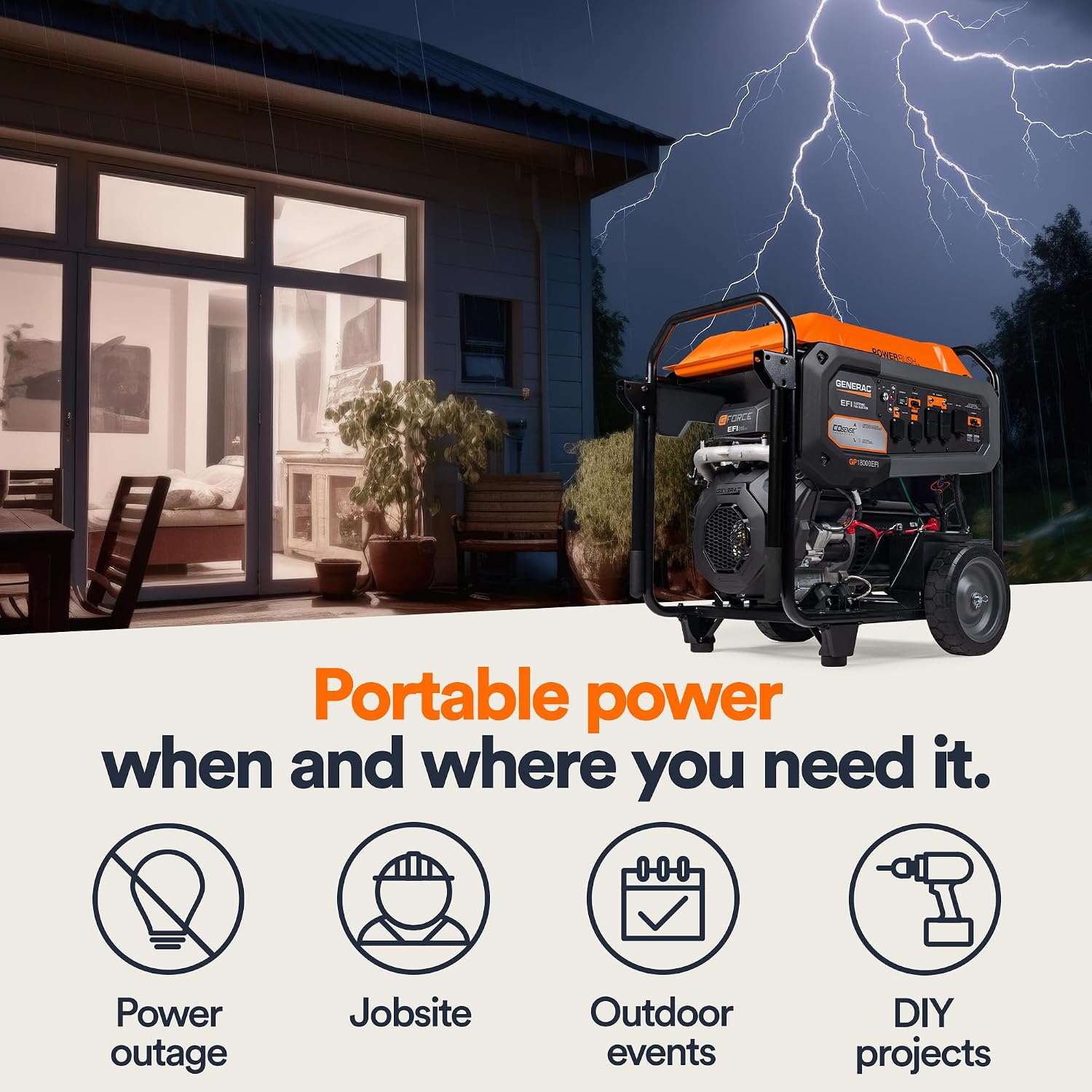 Generac 22,500 Starting Watt Portable Gas Generator - Electric Start - Home Backup or RV Ready - Heavy Duty Frame - Quiet, Long Runtime, Emergency Power - 49-State Compliant