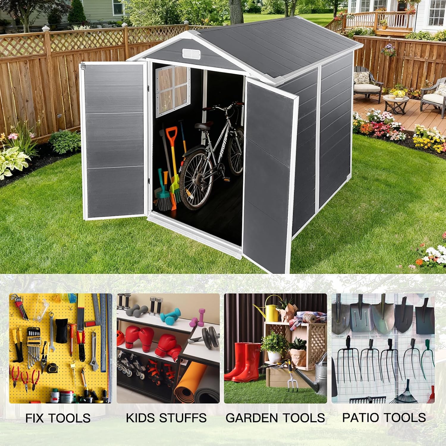 6x6 FT Outdoor Storage Shed with Lockable Door & Floor, All-Weather Plastic Garden Shed in Gray for Backyard, Patio, Lawn