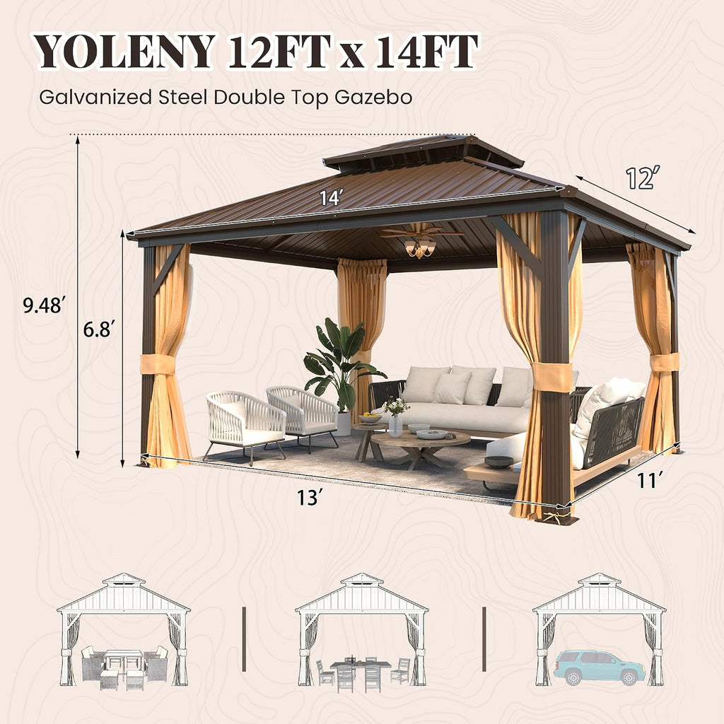 YOLENY 12' x 14' Gazebo, Hardtop Gazebo with Aluminum Frame, Double Galvanized Steel Roof, Curtains and Netting Included, Metal Gazebos Pergolas for Patios, Garden, Parties, Lawns