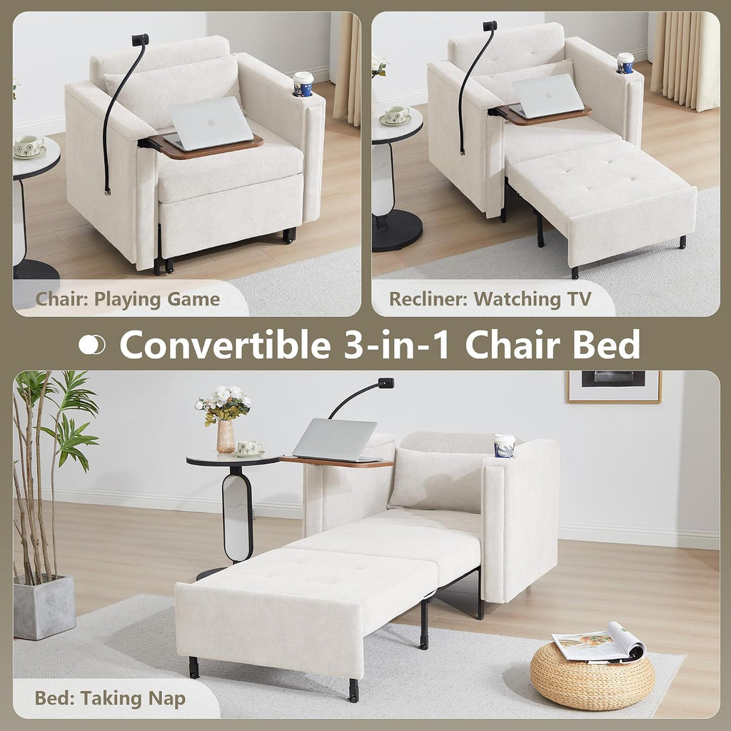 LEVNARY 3-in-1 Convertible Chair Pull Out Bed, Single Sofa Chair Sleeper for Adults with Hidden Side Table, Modern Chenille Fabric Armchair for Bedroom Dorm Home Office (Beige)