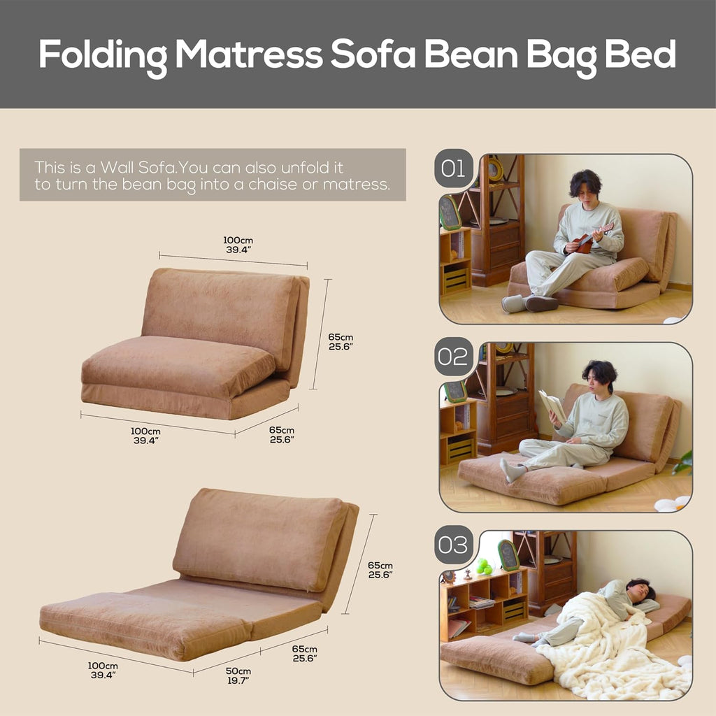 N&V Folding Matress Sofa Bean Bag Bed, Foam Filling Folding Matress Sofa, Includes Removable and Machine Washable Cover, Soft Premium Faux Fur (Small, Brown)